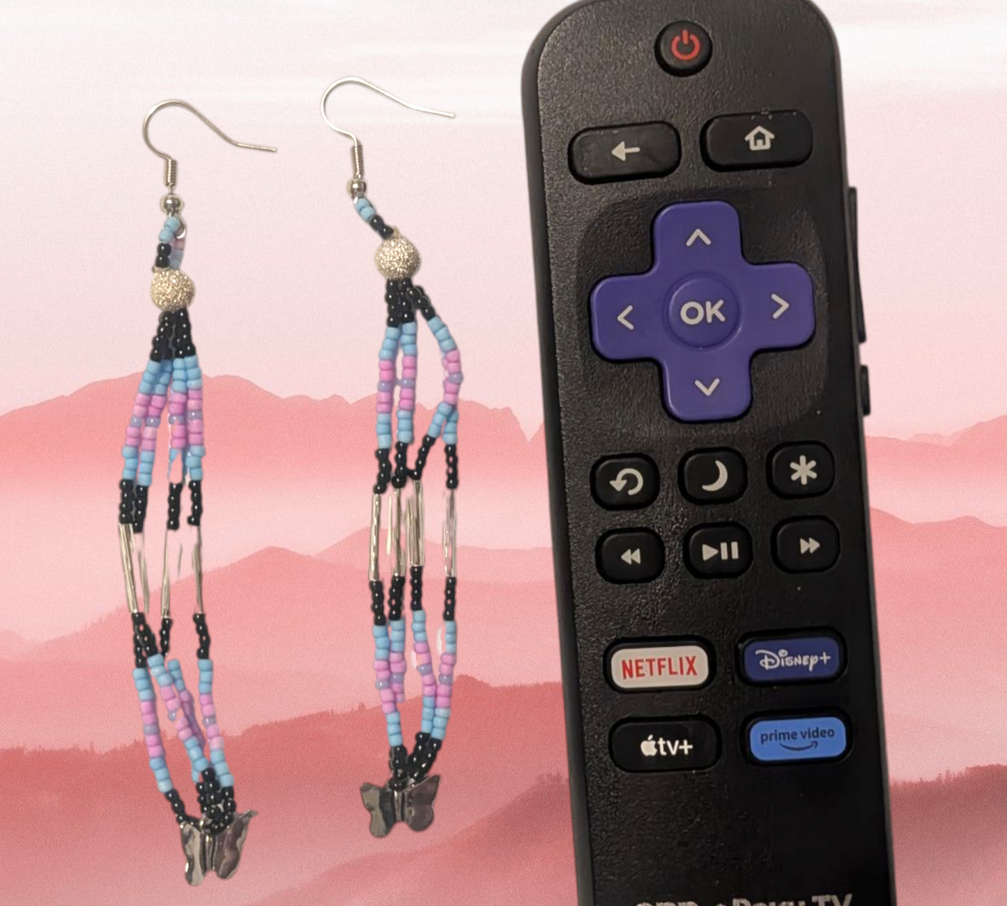 Handmade Indigenous Beaded Dangle Earrings W/ Butterflies