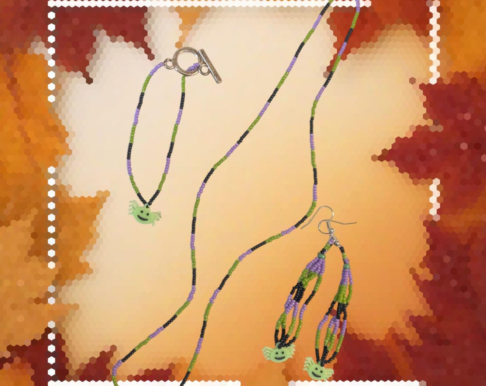 Halloween Beaded Earrings, Necklace, Bracelet Glow in the dark Spiders