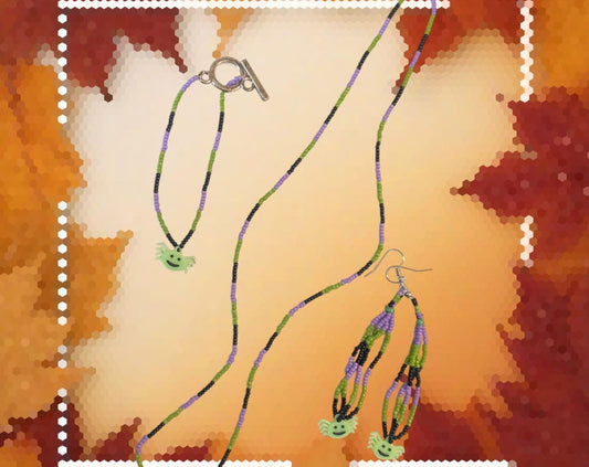 Halloween Beaded Earrings, Necklace, Bracelet Glow in the dark Spiders