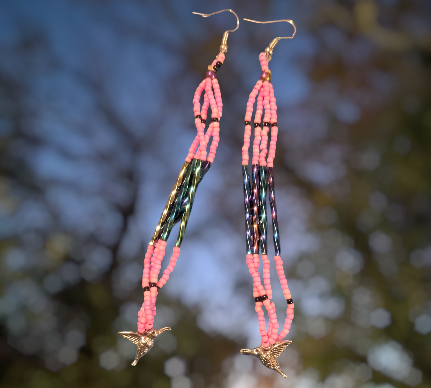 Handmade Indigenous Beaded Dangle Earrings W/ Hummingbirds