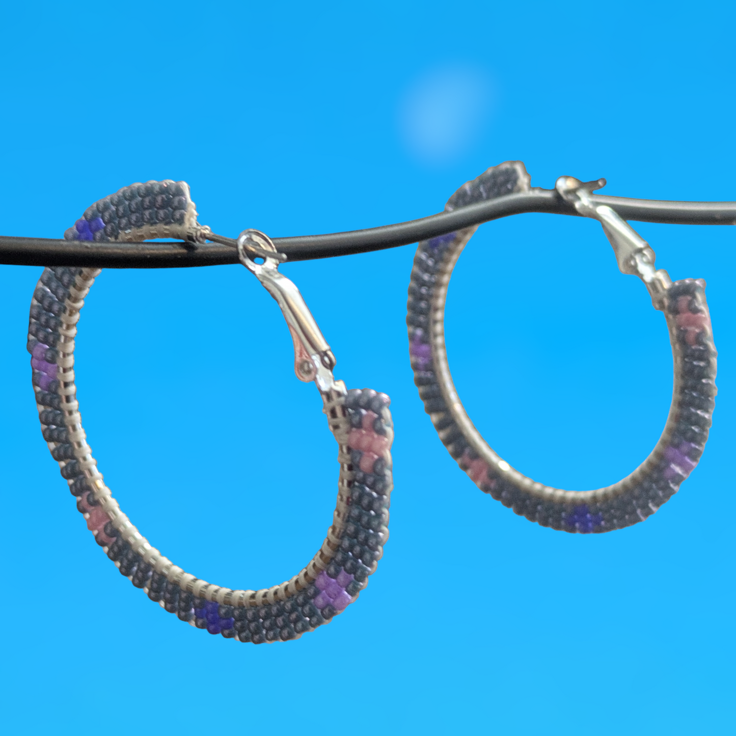 Indigenous Handmade Beaded Brick Stitch Hoops Gray Purple