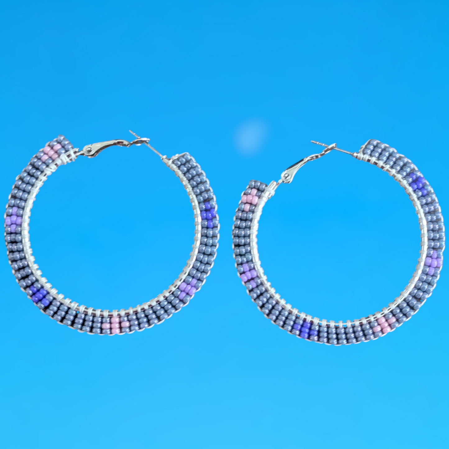 Indigenous Handmade Beaded Brick Stitch Hoops Gray Purple