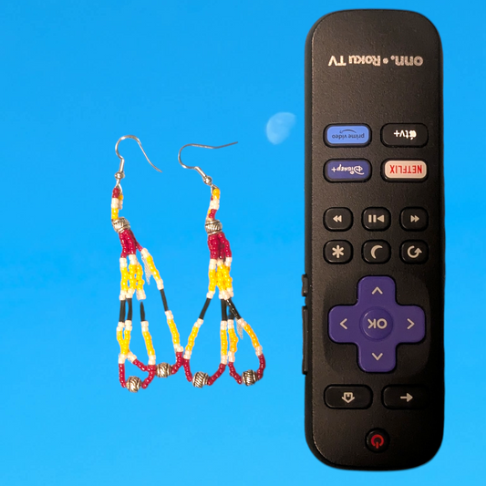 Handmade Indigenous Beaded Dangle White, Maroon, Gold, Black earrings