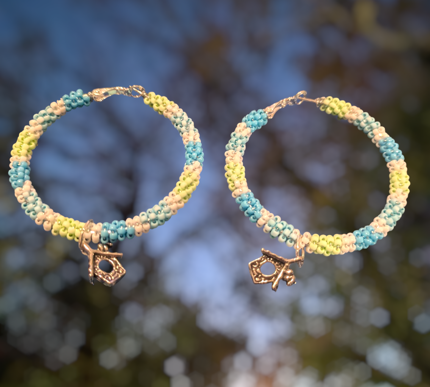 Wire Wrapped Hoop Earrings w/ birdhouses