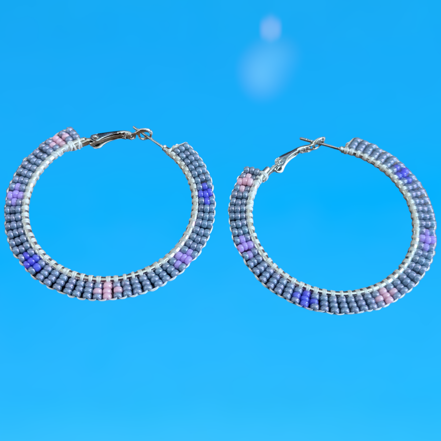 Indigenous Handmade Beaded Brick Stitch Hoops Gray Purple