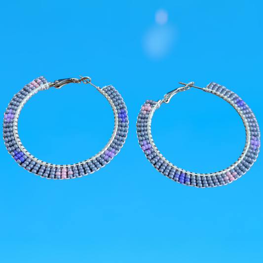 Indigenous Handmade Beaded Brick Stitch Hoops Gray Purple