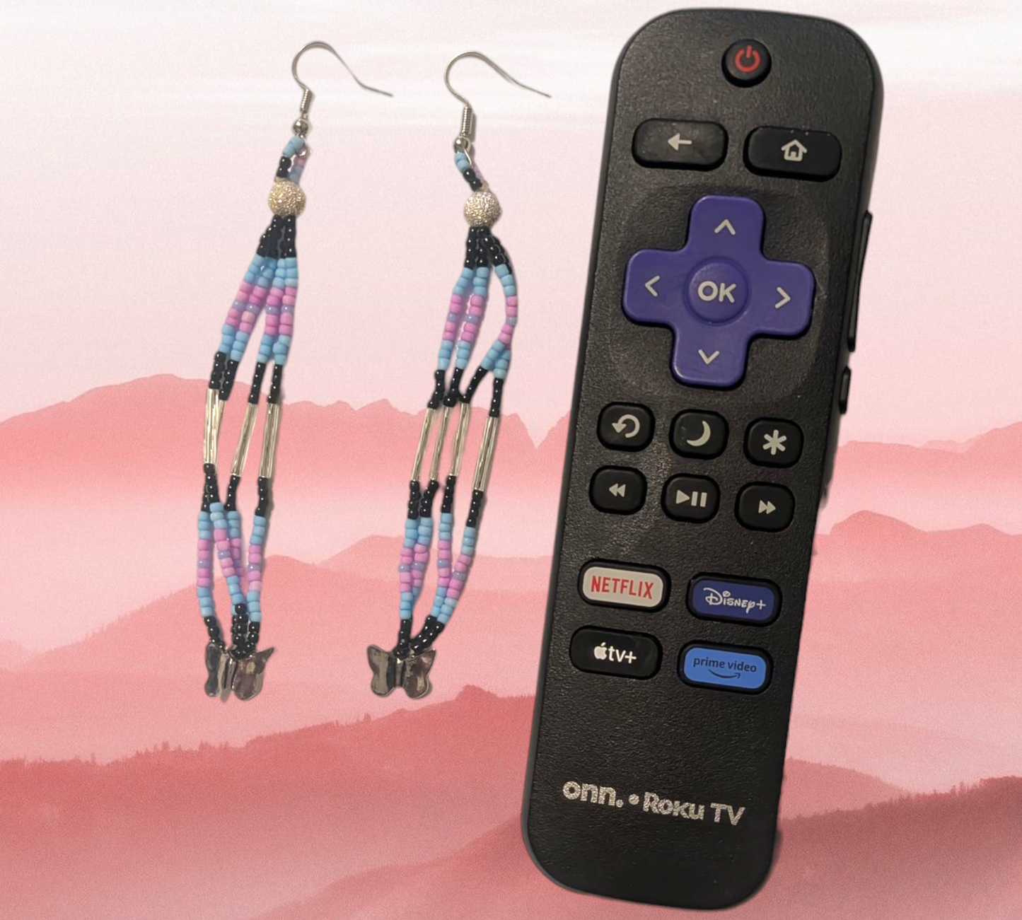 Handmade Indigenous Beaded Dangle Earrings W/ Butterflies