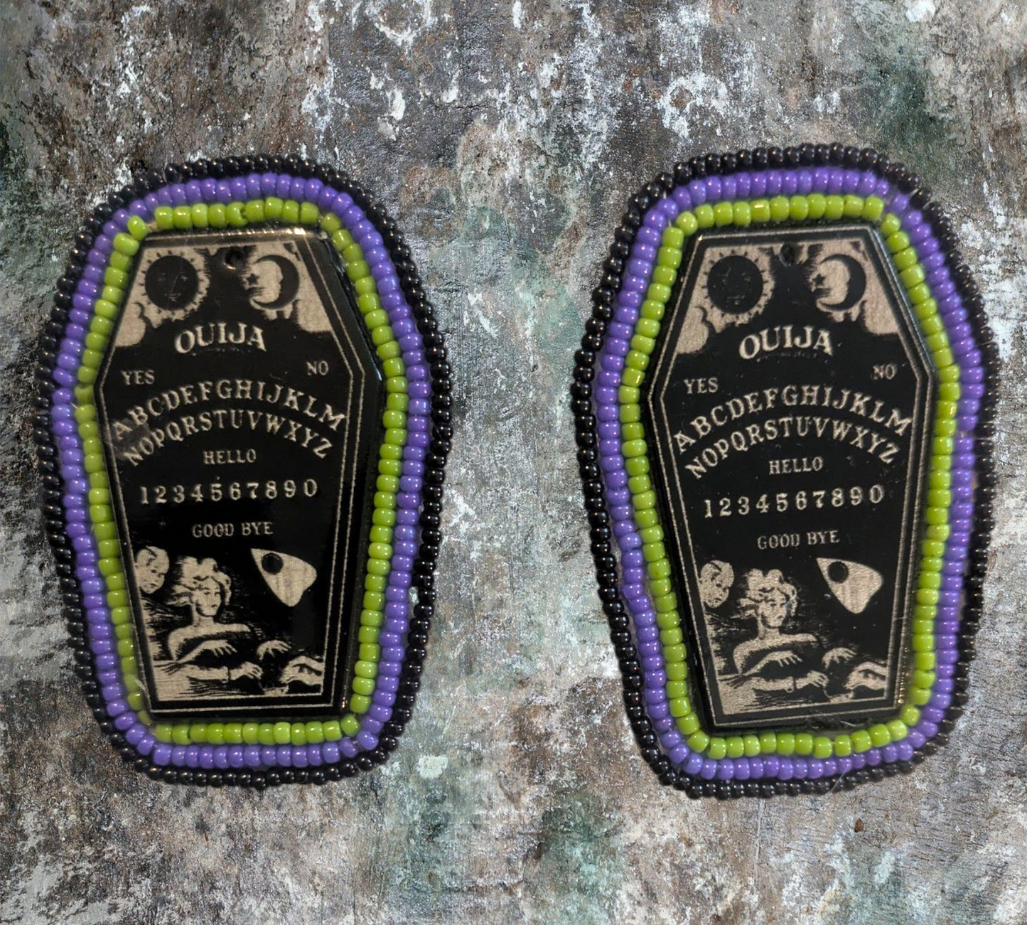 Handmade Flat Beaded Ouija Board Coffin Earrings Silver Post