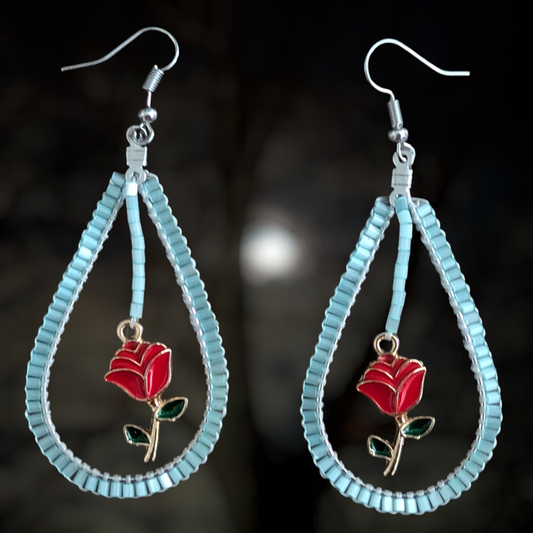 Handmade Indigenous Brick Stitch Mint Satin Teardrop Dangle Earrings W/Roses