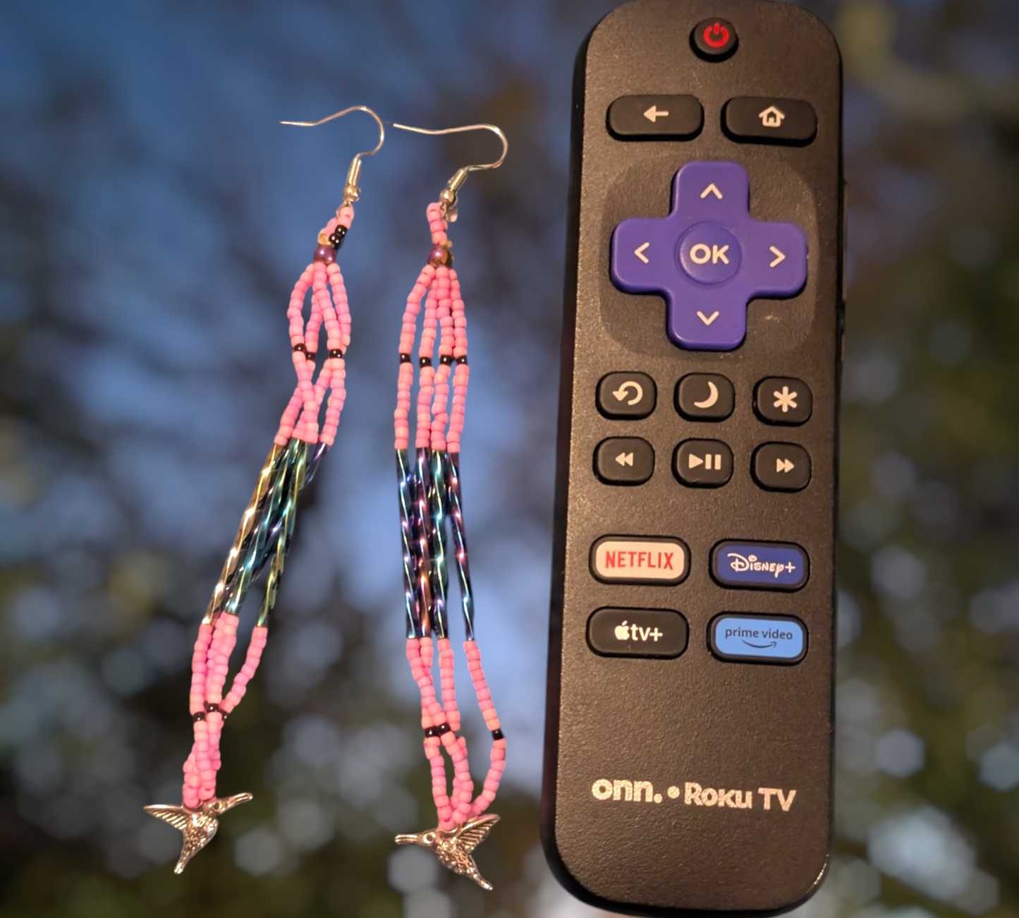 Handmade Indigenous Beaded Dangle Earrings W/ Hummingbirds
