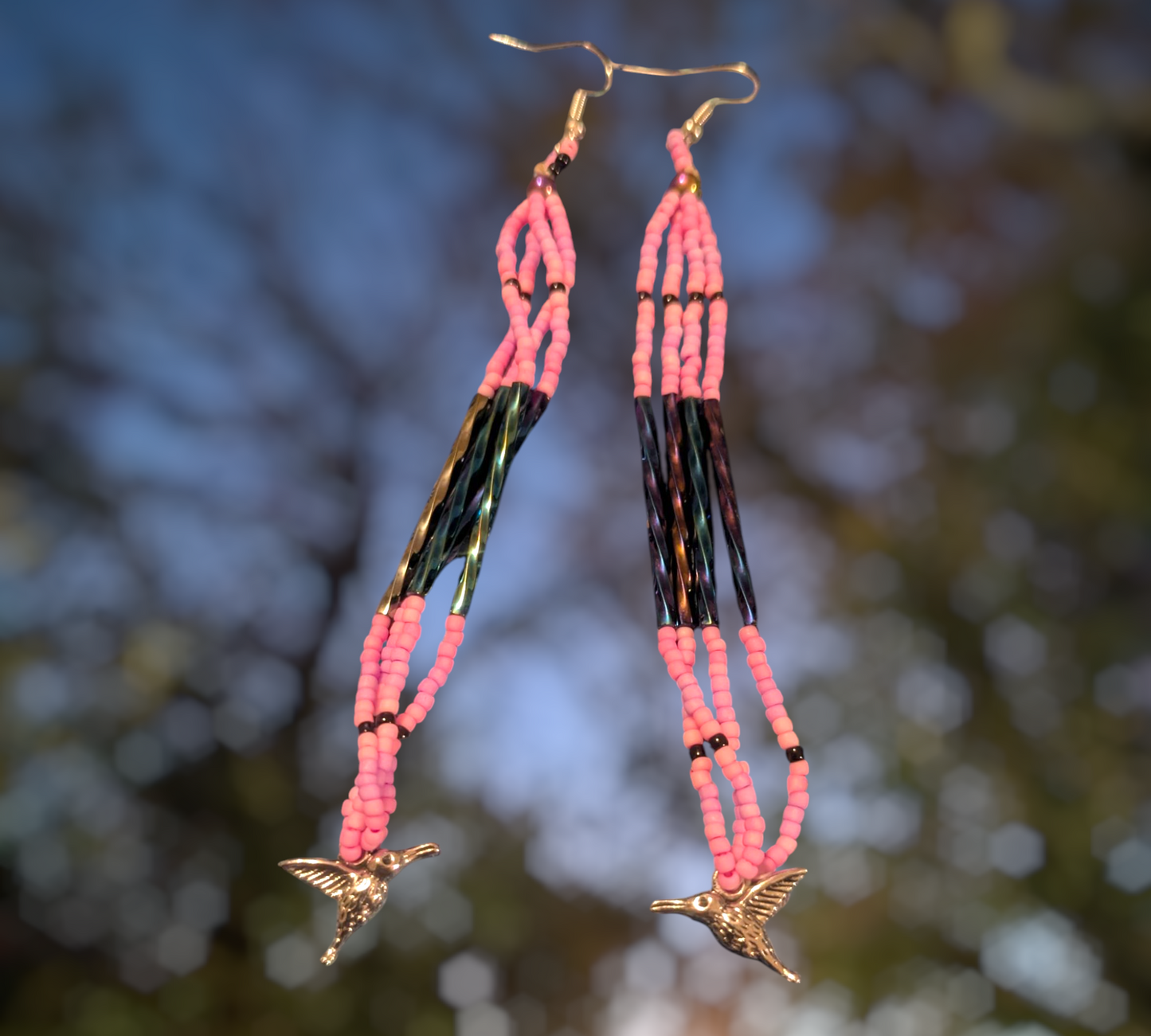 Handmade Indigenous Beaded Dangle Earrings W/ Hummingbirds