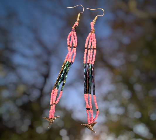 Handmade Indigenous Beaded Dangle Earrings W/ Hummingbirds