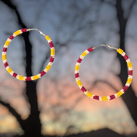 Handmade Indigenous Wire Wrapped Maroon, White and Gold 4" Hoop Earrings