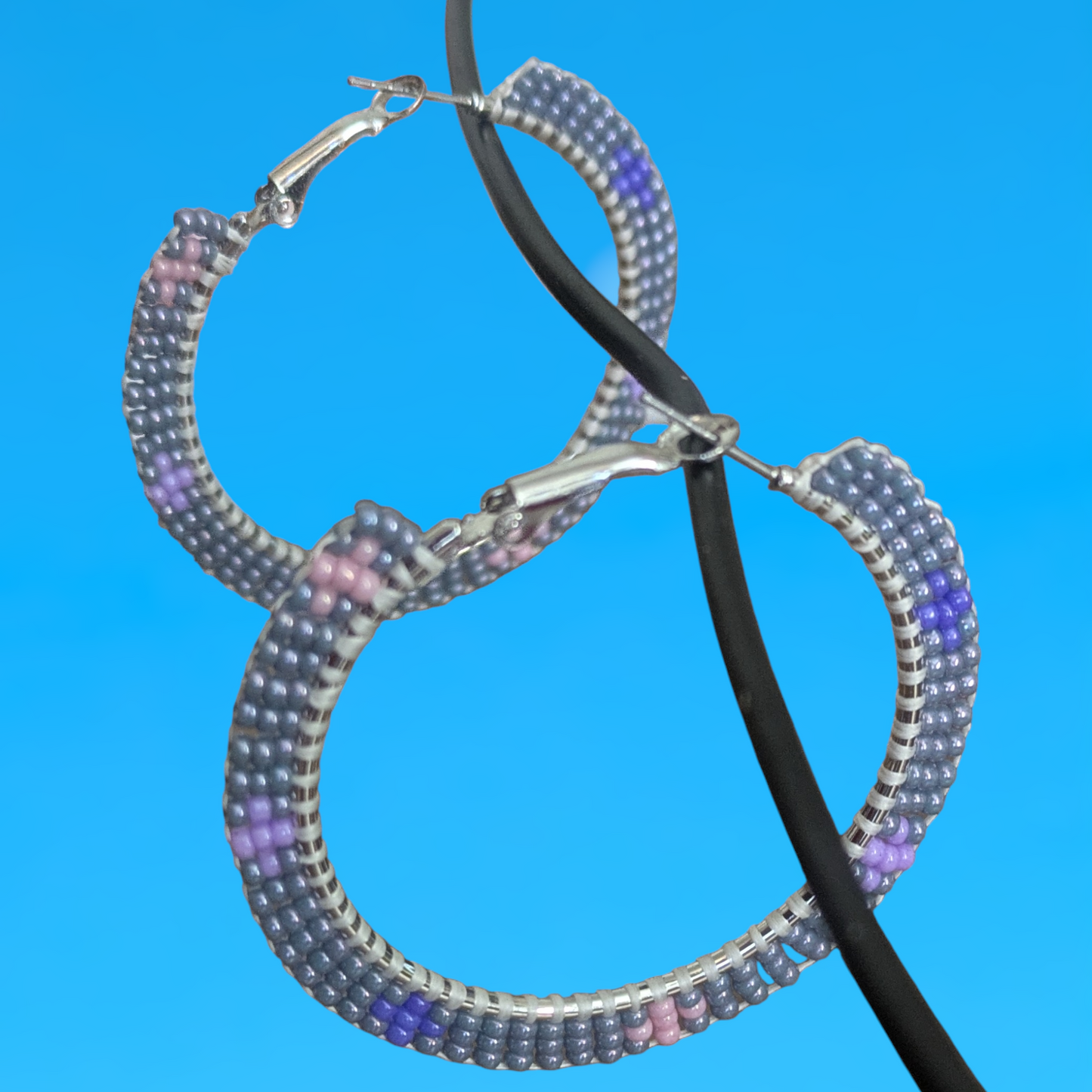 Indigenous Handmade Beaded Brick Stitch Hoops Gray Purple