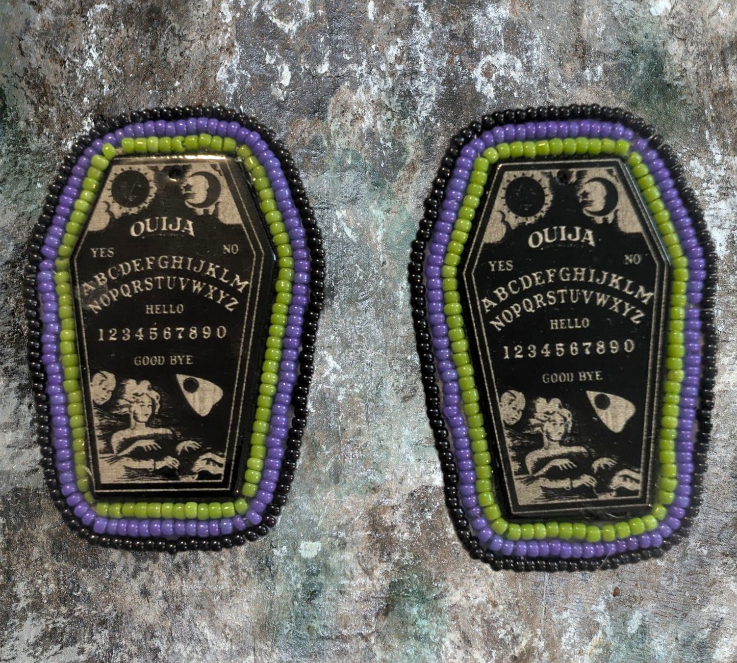 Handmade Flat Beaded Ouija Board Coffin Earrings Silver Post
