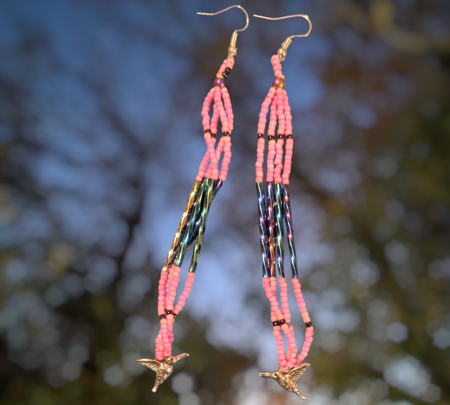 Handmade Indigenous Beaded Dangle Earrings W/ Hummingbirds