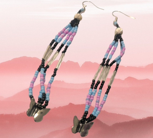 Handmade Indigenous Beaded Dangle Earrings W/ Butterflies