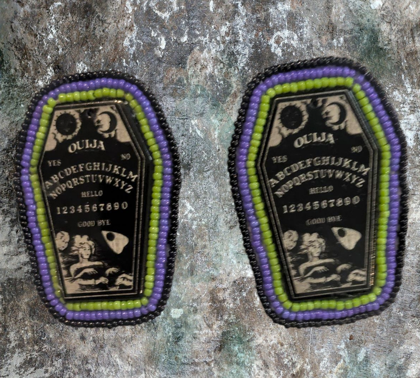 Handmade Flat Beaded Ouija Board Coffin Earrings Silver Post