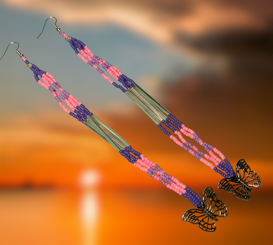 Handmade Indigenous Beaded Dangle Earrings w/ Butterflies