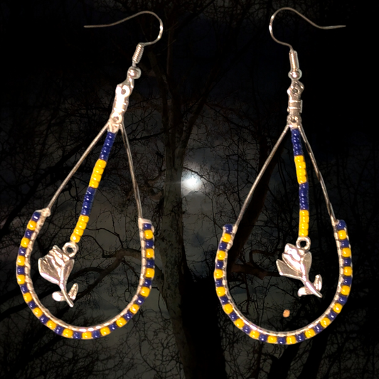 Handmade Indigenous Brick Stitch Blue Gold Teardrop Dangle Earrings