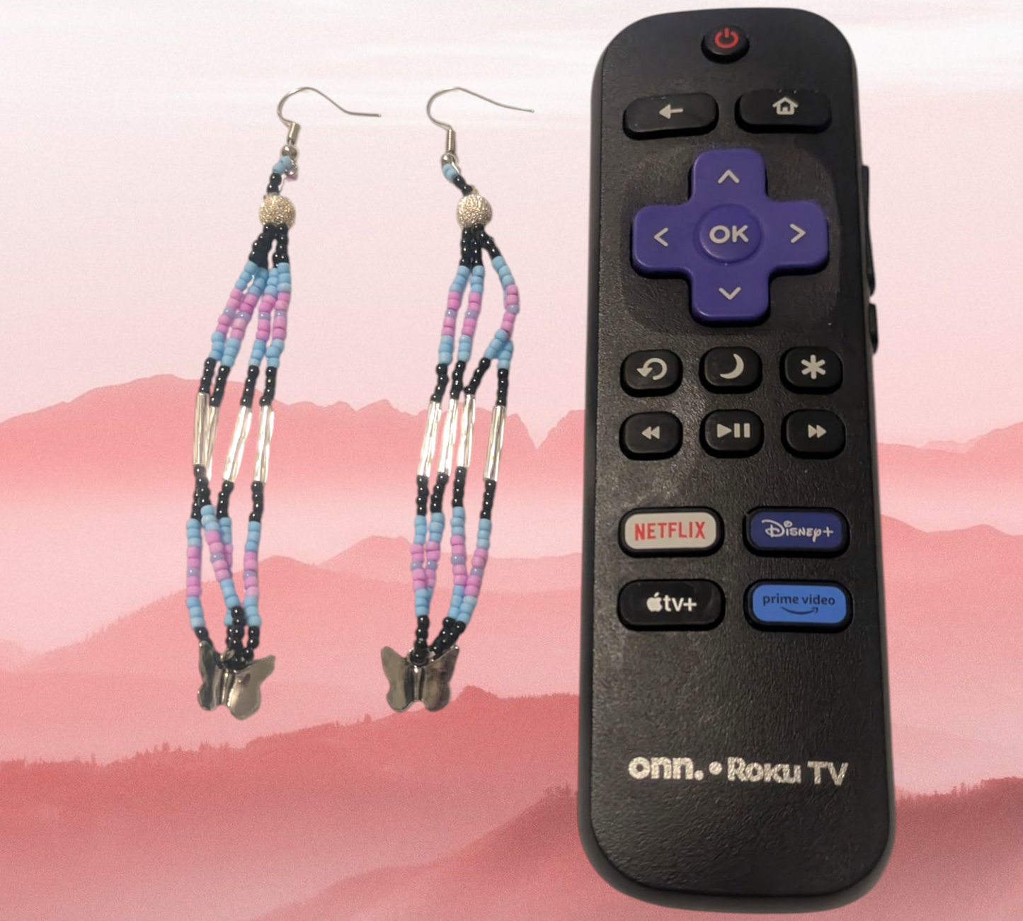 Handmade Indigenous Beaded Dangle Earrings W/ Butterflies