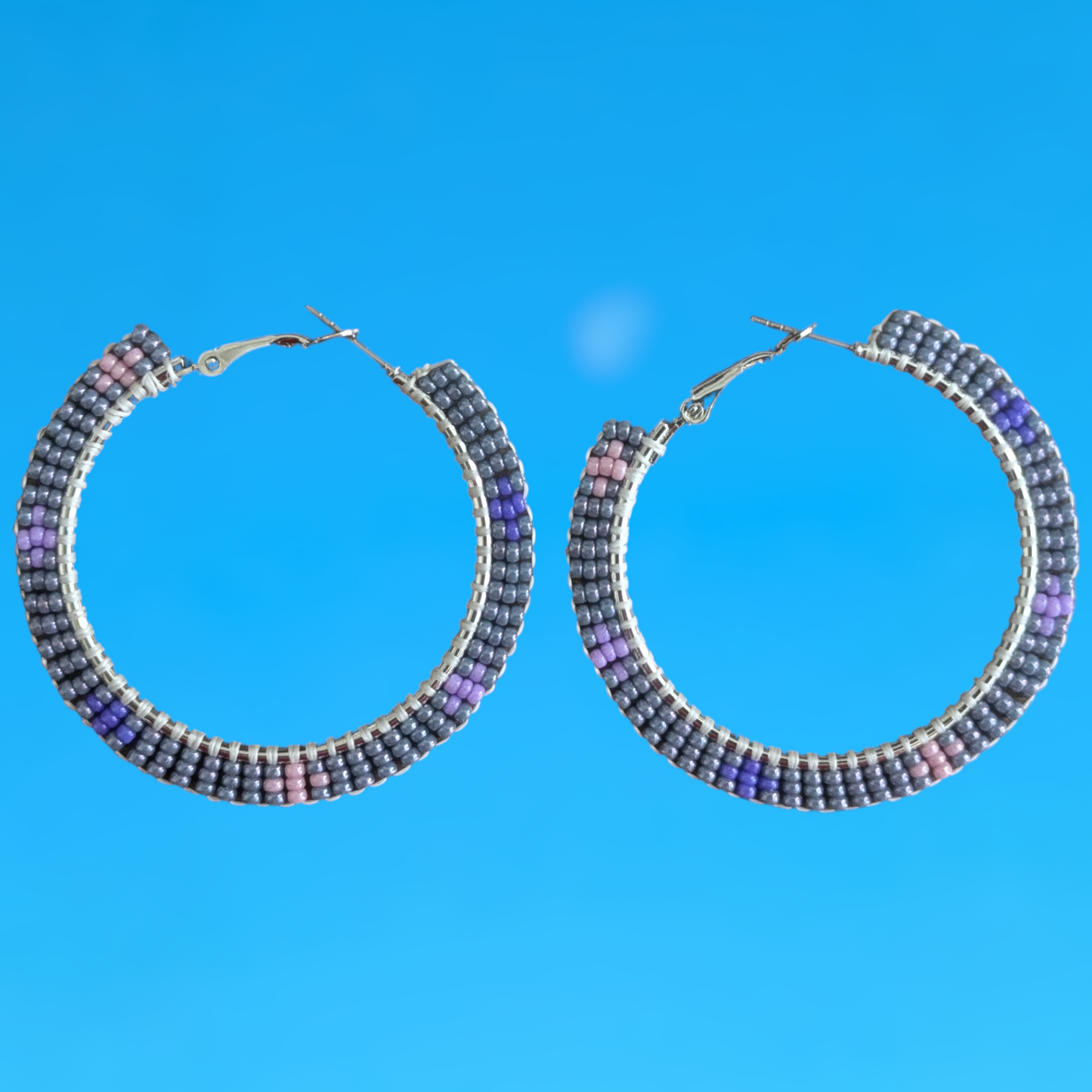 Indigenous Handmade Beaded Brick Stitch Hoops Gray Purple