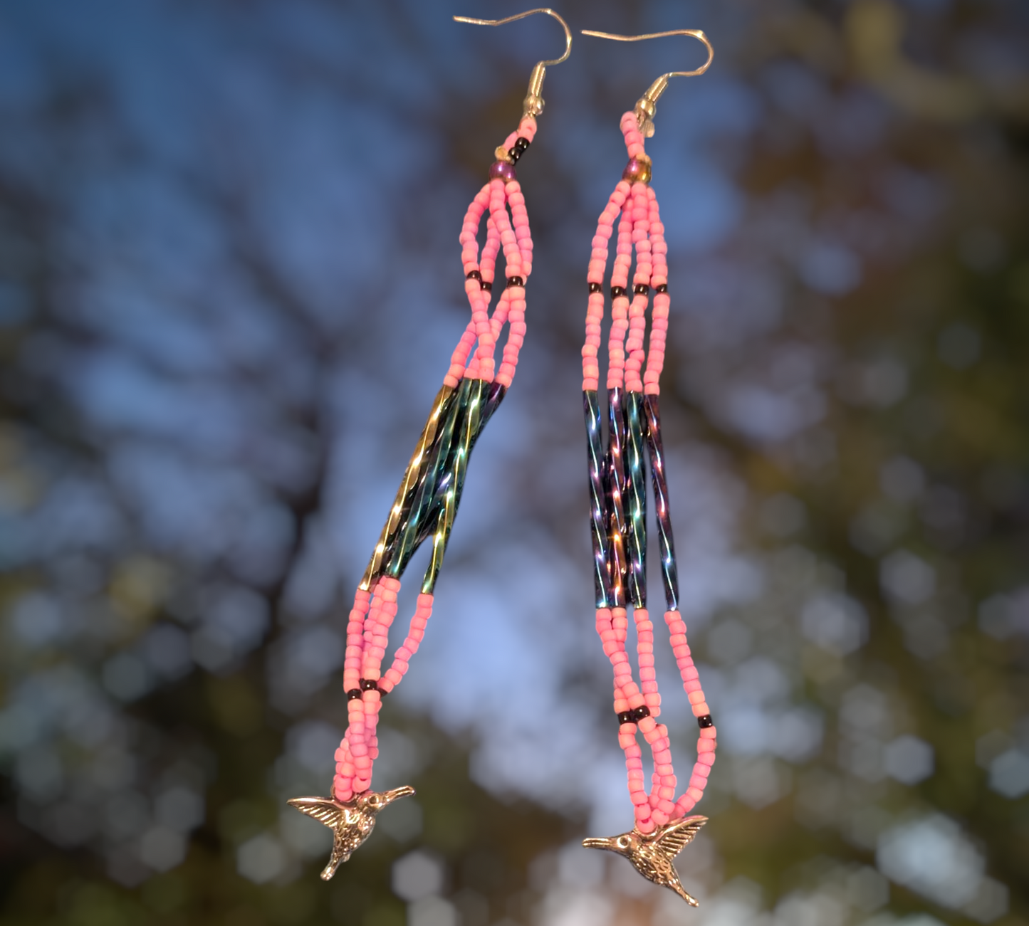 Handmade Indigenous Beaded Dangle Earrings W/ Hummingbirds