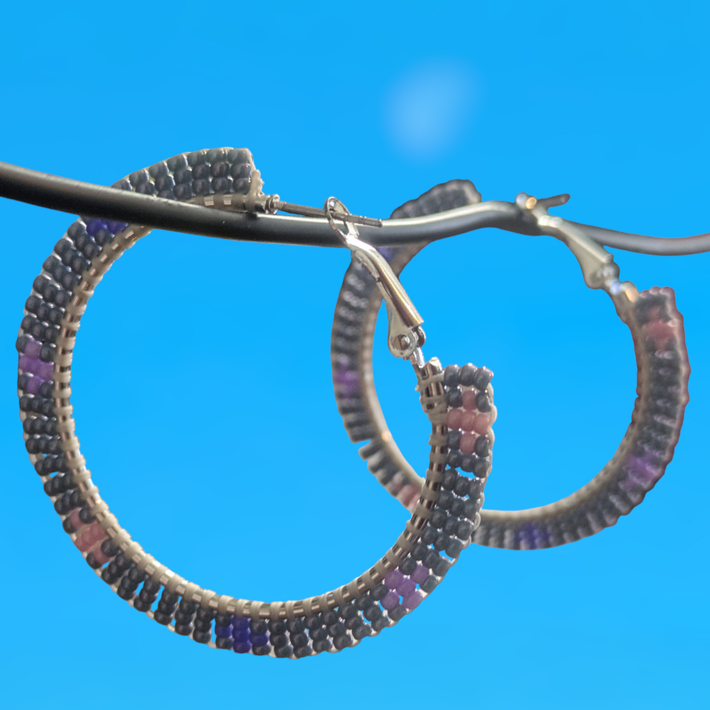 Indigenous Handmade Beaded Brick Stitch Hoops Gray Purple