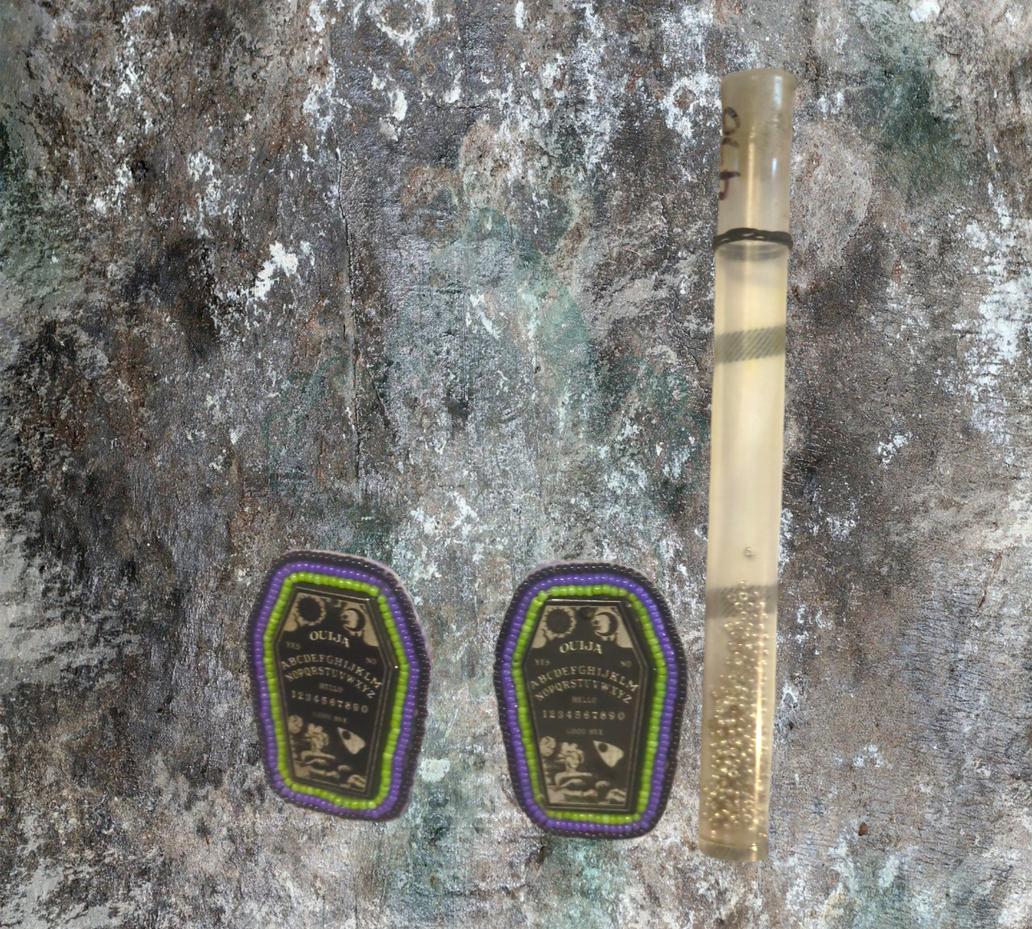 Handmade Flat Beaded Ouija Board Coffin Earrings Silver Post